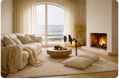 Raum mit Sofa, Kamin, Blick aufs Meer